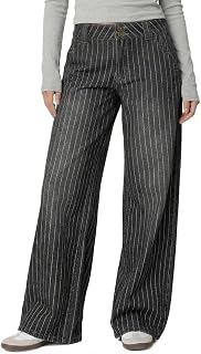 Women's Mid Rise Striped Baggy Barrel Jeans Wide Leg Denim Pants