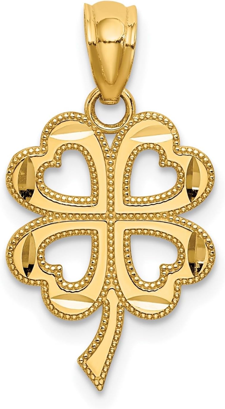 14k Yellow Gold Four-Leaf Clover Pendant with Heart-Shaped Leaves, Symbolic Lucky Charm Necklace for Women, Elegant Clover Jewelry with Meaningful Design and Irish Love and Luck Inspiration