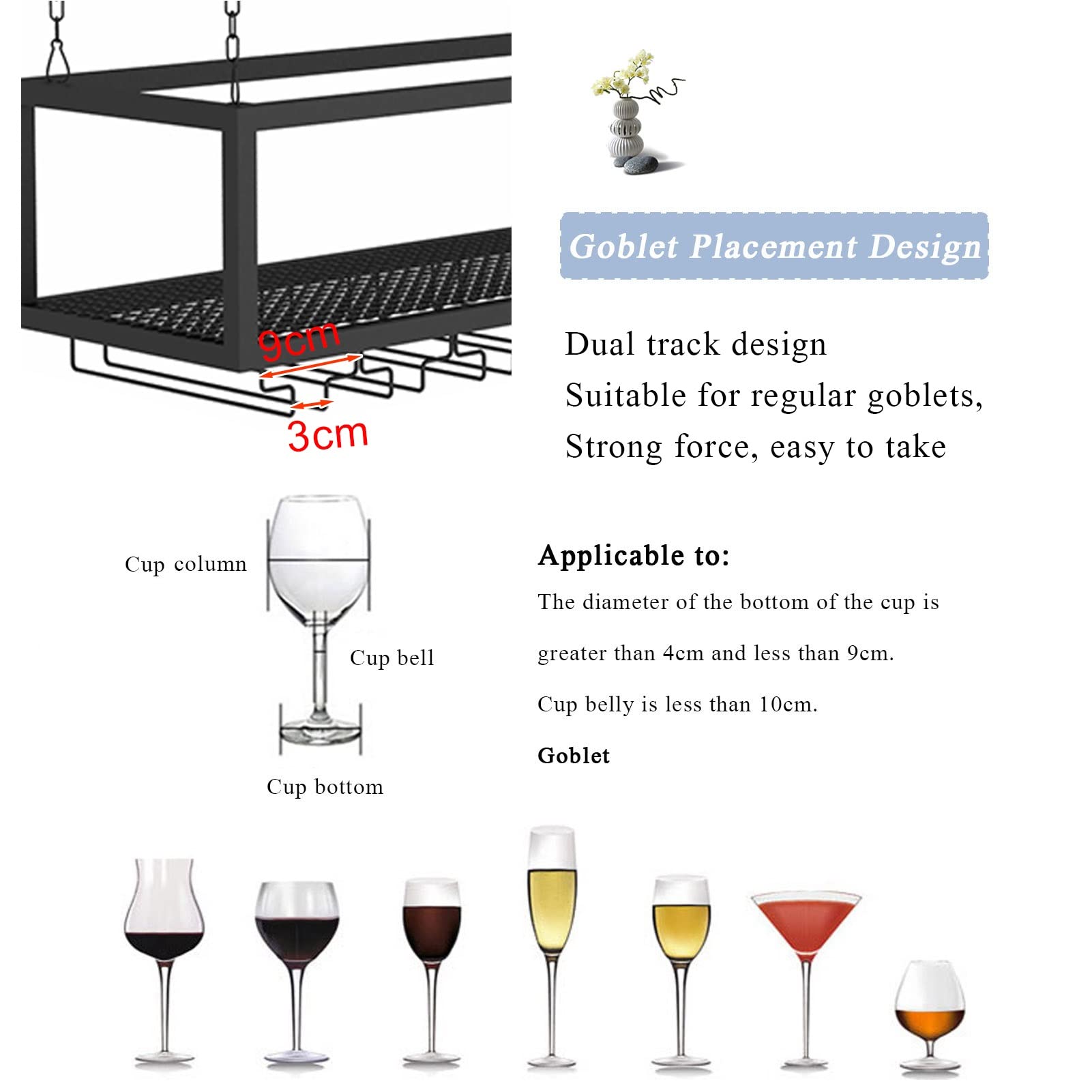 Botellero Colgante con Soporte para Copas, Ideal para la Cocina o el Bar. Estantes metálicos para Colocar bajo el Armario o en el Techo. Soporte para Copas y Vasos. 60 x 25 x 20 cm