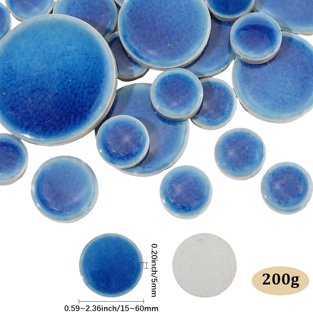 1 Box 200G Round Mosaic Tiles Blue Ceramic Tile Bulk Porcelain Random Size Glossy Crack Pattern Pony Tiles Pieces for Art Crafts Mosaic Making Projection Home Flowerpot Vases Cup Decorations