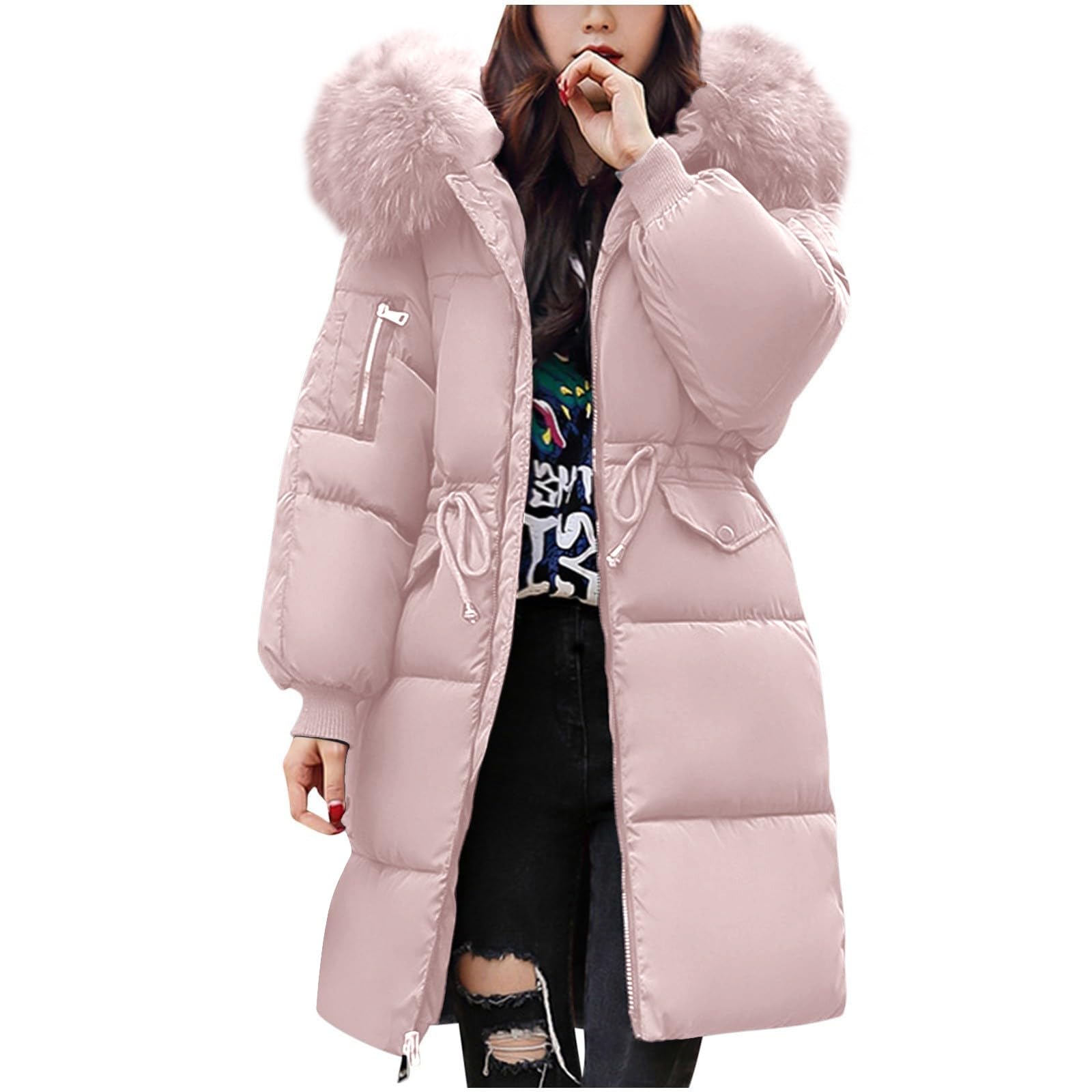 Manteau Femme Hiver Chaud Rembourrée Polaire Parka Manteau à Capuche Zippé Chaud Blouson Matelassée Épaisse Veste Mi Longue Blouson avec Poches