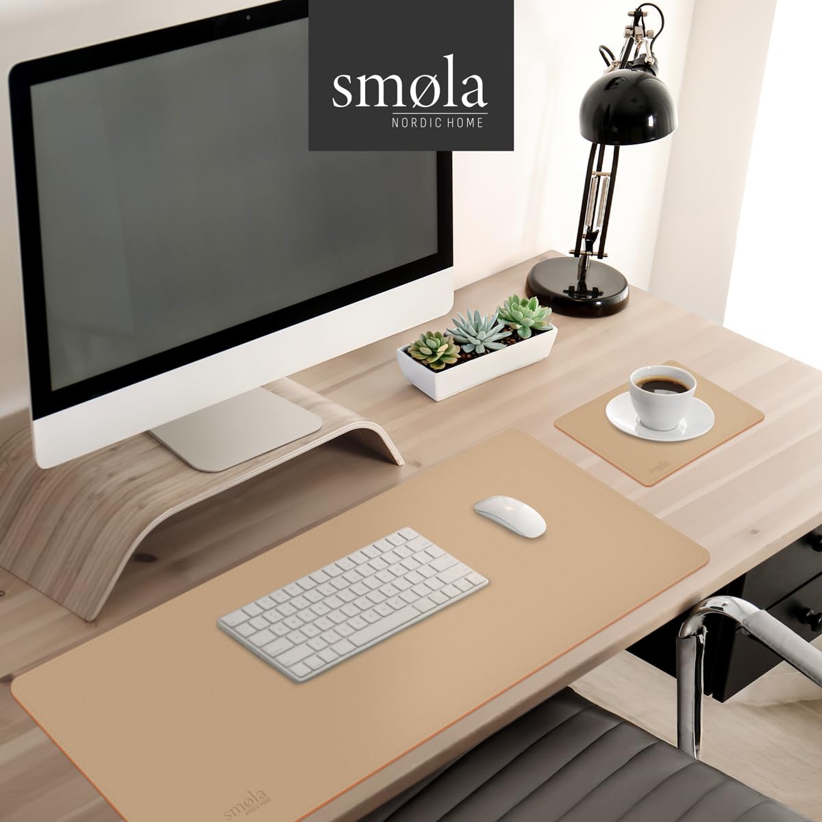 Sottomano da scrivania in pelle PU 85x40 cm lavabile double face sabbia-beige/cognac