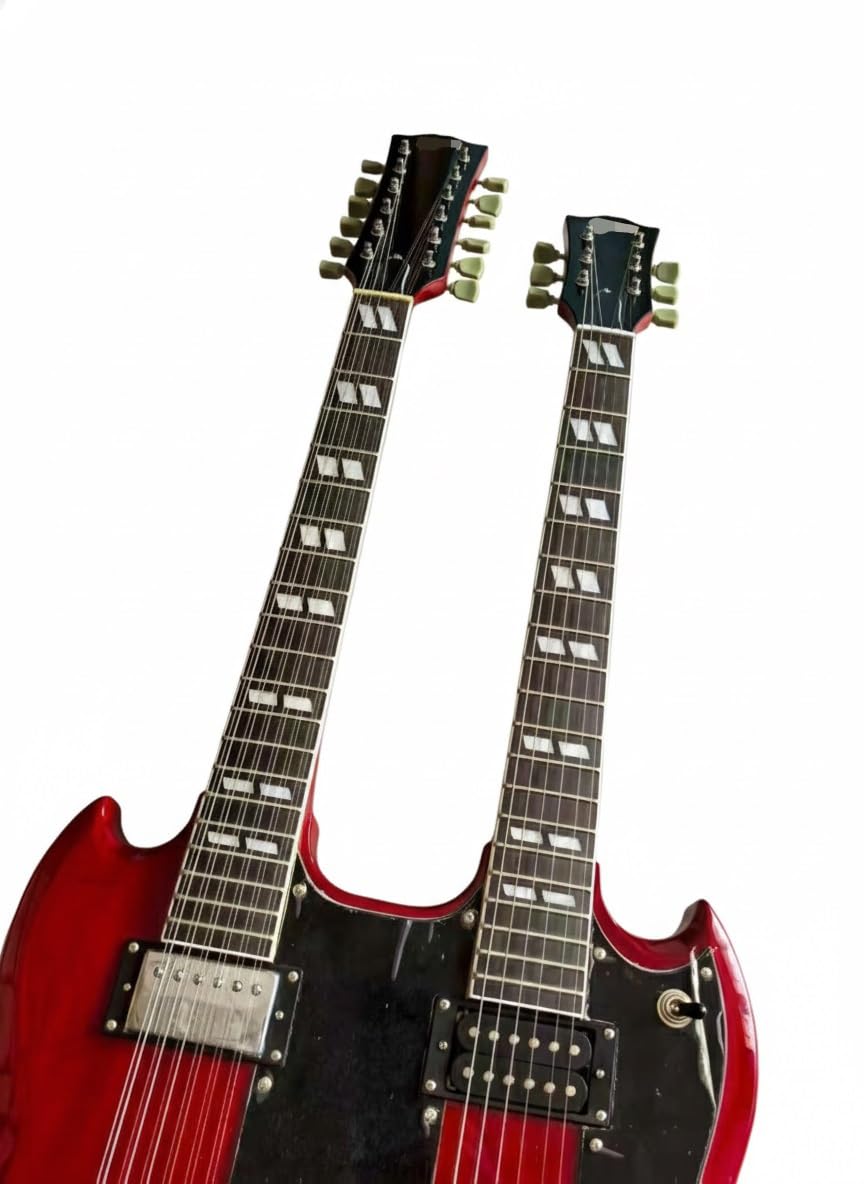 Guitarra eléctrica de doble mástil, cuerpo caoba maciza 12 y 6 cuerdas, diapasón palisandro, color rojo translúcido