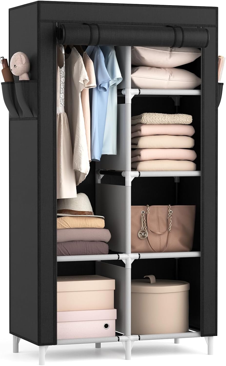 Vicye Kleiderschrank, Stoffschrank mit Kleiderstange, 6 Ablagen, 4 Seitentaschen und Überzug, Kleiderschränke Stabil für Schlafzimmer Ankleidezimmer (Schwarz, 84 x 42 x 162 cm)