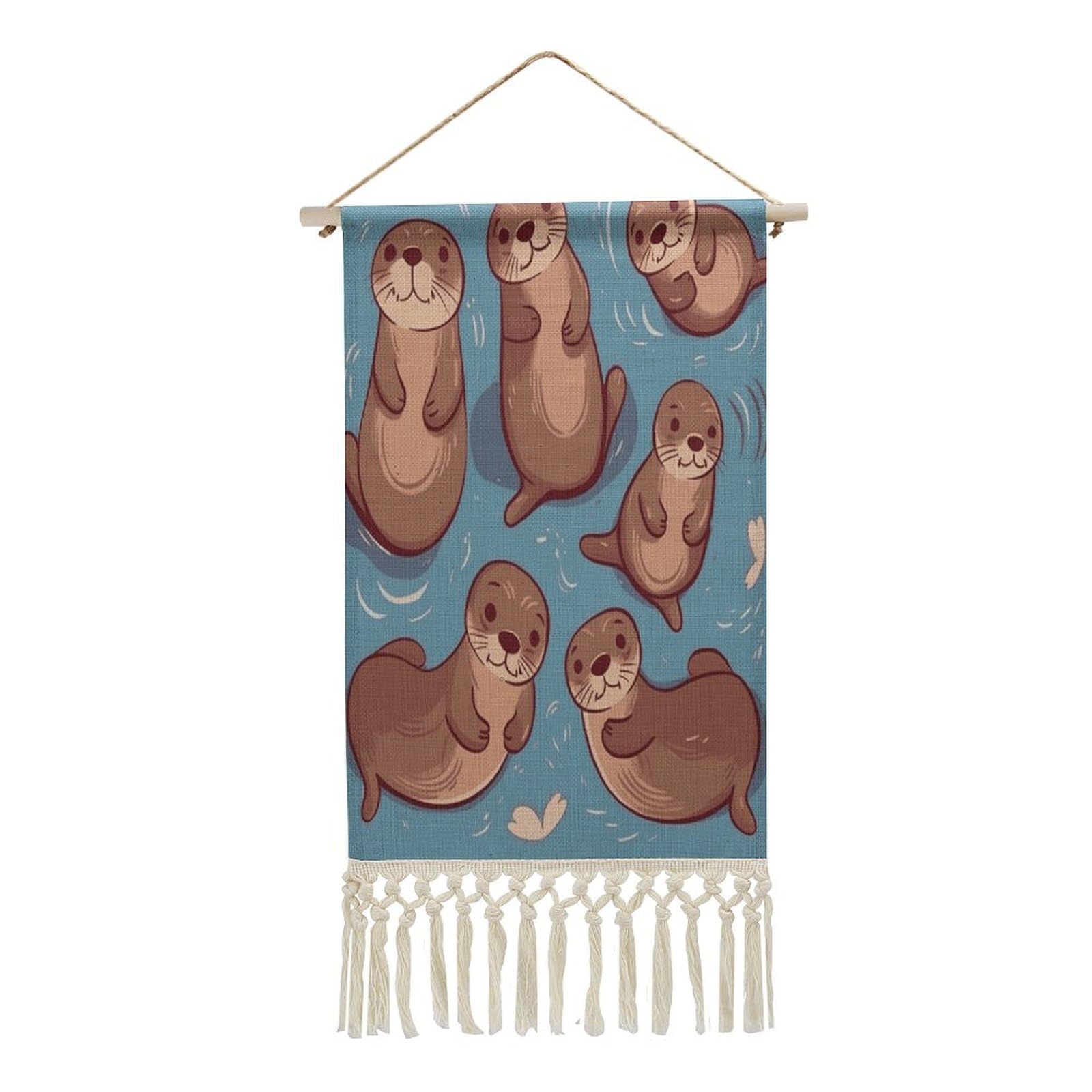 FekiLoot Animal Cute Brown Otters Wall Art Print Decor Art Tapestry with Tassel Cotton Linen Hanging Poster Vintage Aesthetic Wall Art Poster Rustic Wall Art Decor for Home Bedroom Living Room Office