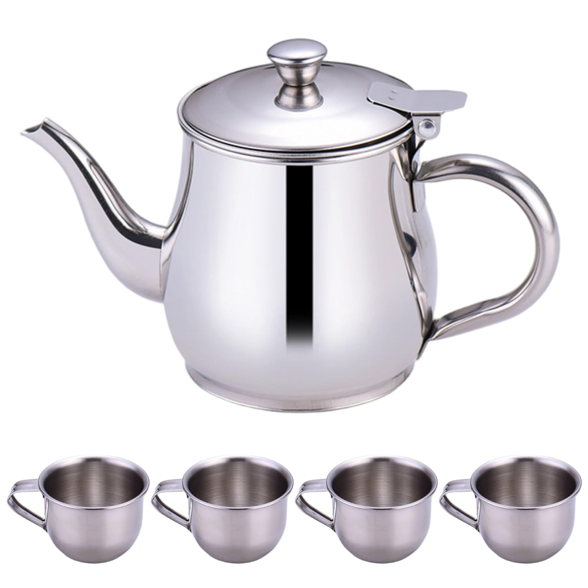 Kids Tea Set Includes Portable 330ml Stainless Steel Long Spout Teapot with Filter Screen and 4 70ml Cups for Children Camping Home Kids Tea Set, Small Teapot, Stainless Steel