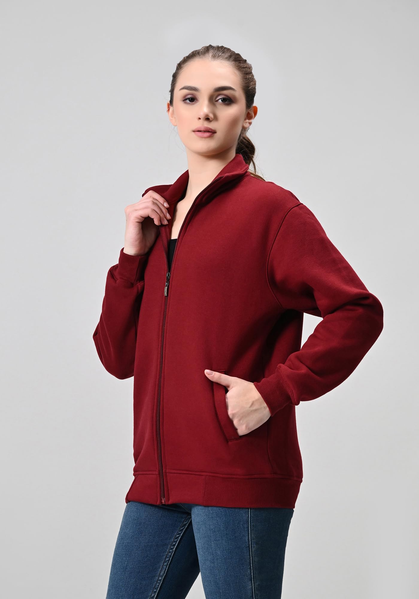 Women Solid Fleece Warm Zipper Open Jacket for Winter (Pack of 1) Maroon 1