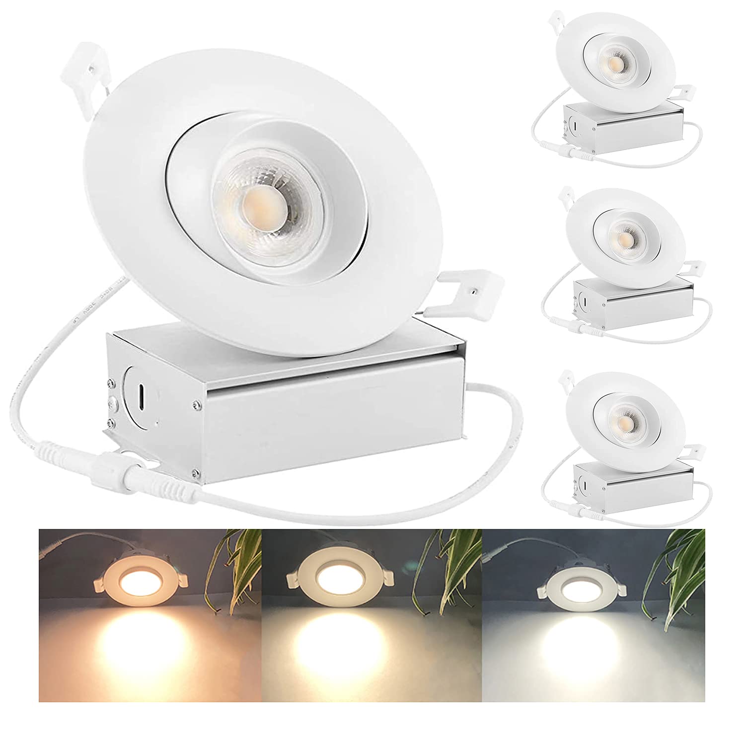 Drart 4 Inch Led Recessed Lights Gimbal Adjustable Eyeball Canless Lighting 3000K/4000K/5000K Selectable, 12W 1150lm Dimmable Ceiling Spotlight Downlight with IC Rated Junction Box, ETL/FCC(Pack of 4)
