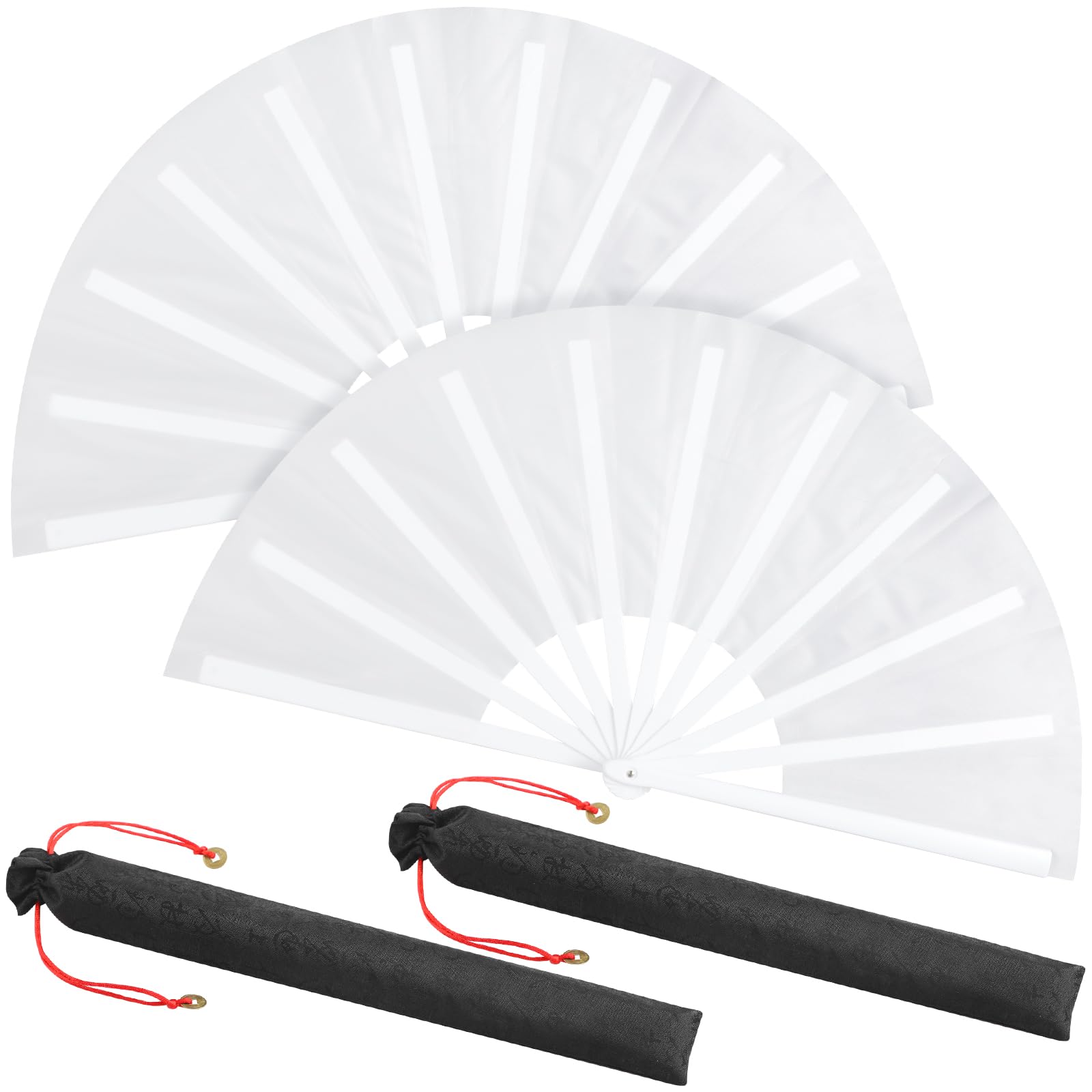 Maitys 2 Packs Large Folding Hand Fans 13'' Chinese Handheld Fan Large Clap Fans for Line Dancing, Tai Chi, Festival, Kung Fu, Martial Art, Gift, Includes 2 Pouch (White)