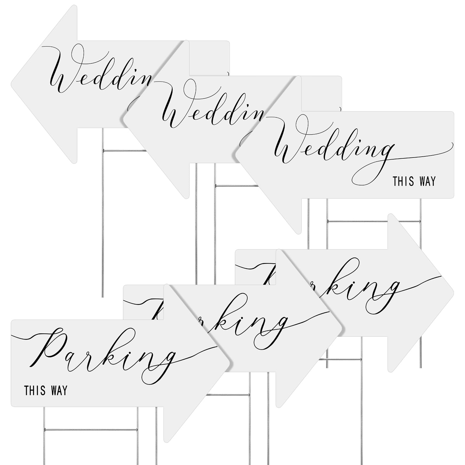 Photo 1 of Wenqik 6 Pcs Wedding This Way Directional Parking Signs Arrow Shaped Wedding Directional Parking Road Signs with Stakes, Large Double Sided (Classic White)