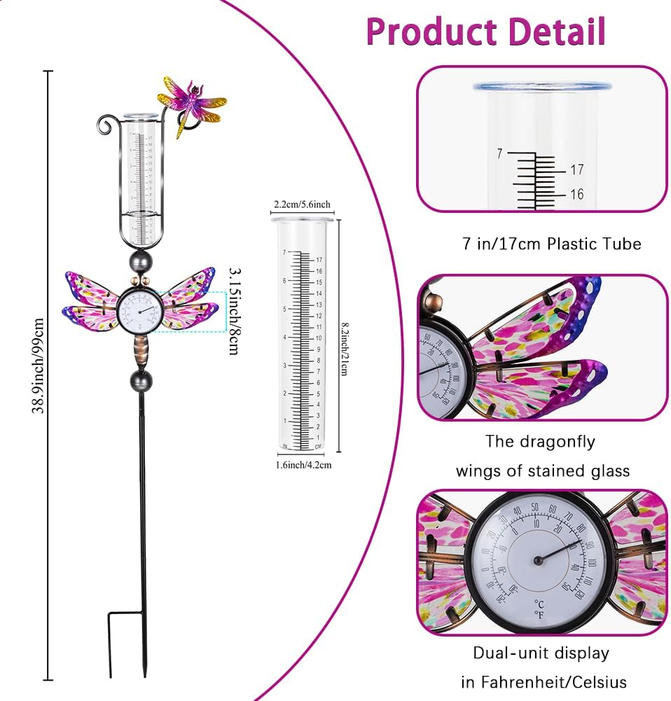 Rain Gauge Outdoor with 7 Inch Tube, Rain Gauges with Thermometer Waterproof Measure Gauge Decor for Yard, Garden, Lawn(Dragonfly)