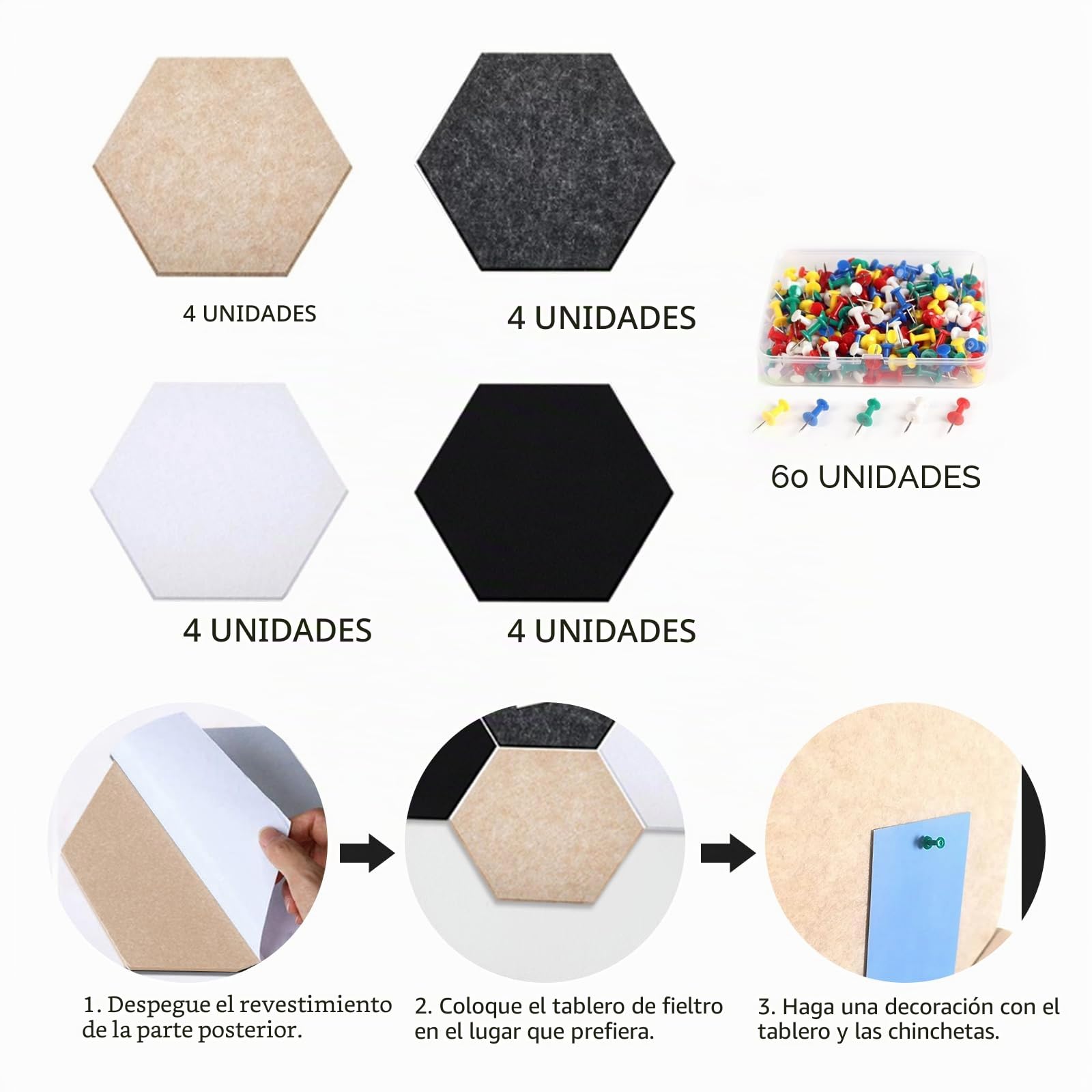 Pared Fieltro Hexagonal Autoadhesivo,Tablero de Corcho 16 Stück 15x17cm Tablón de Anuncios con 60 Chinchetas, Multifunción Azulejos de Fieltro &Paneles de Pared
