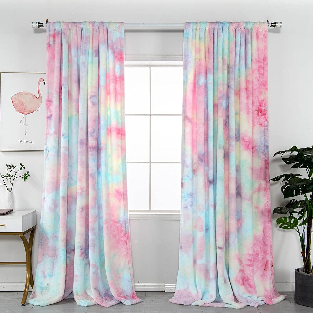 1 Panel Plush Cute Curtain for Girls Bedroom Rod Pocket Top Semi-blackout Rainbow Curtain (Colorful, 66 x 90 Inch)