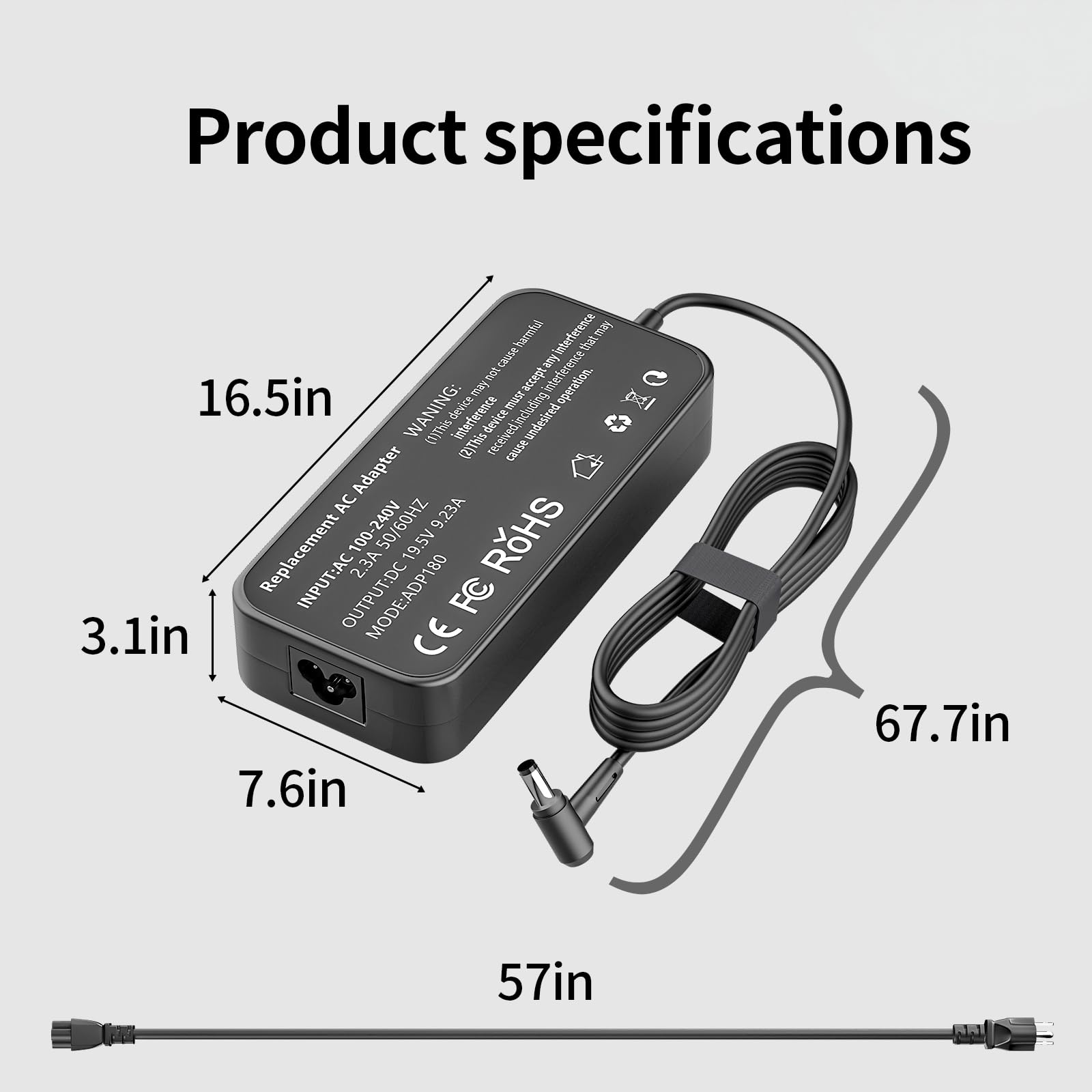 DECSZDY Chargeur pour ordinateur portable 180 W 19,5 V 9,23 A 5,5 x 2,5 mm compatible avec ASUS Rog G750JM G750JX G750JS G750JW G751JM G752VT GL502VT GL502VS GL502VM GL702VM GL702VT G55 G55VW G70 G75
