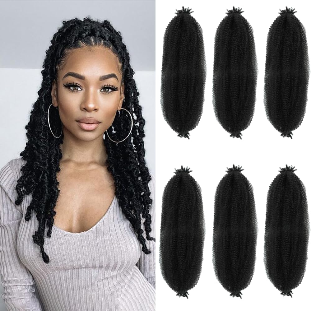 Springy Afro Twist Hair 12 Inch 6 Packs Black Color Pre Fluffed Marley Twist Braiding Hair for Black Women (12 inch, 6 Packs, 1B)