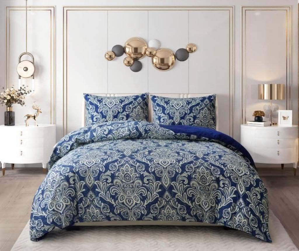 3 PCS Patchwork Bedspread Quilted Bed Throw Single Double King Size Bedding Set (Damask Blue, Double)
