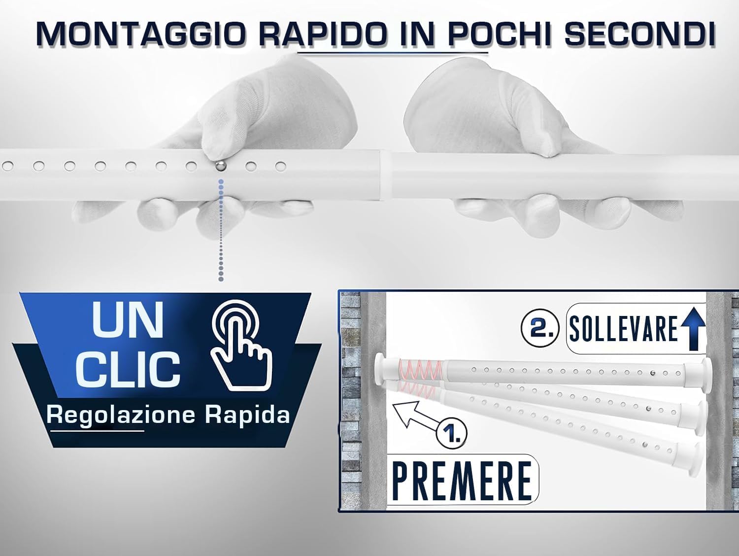 MEISENBERG Bastone Tenda a Pressione, Aste per Tende Senza Forare per Finestre, Doccia, Terrazza e Parete Divisoria 260-310 cm, Bianco, Ø 32 mm
