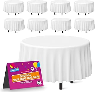 SOL 9pk White Round Table Cloth Disposable 140cm Party Tablecloths for Circular Table Cover - Durable Spill Protection - Perfect for Weddings, Buffets, Catering, Restaurants & Outdoor Events