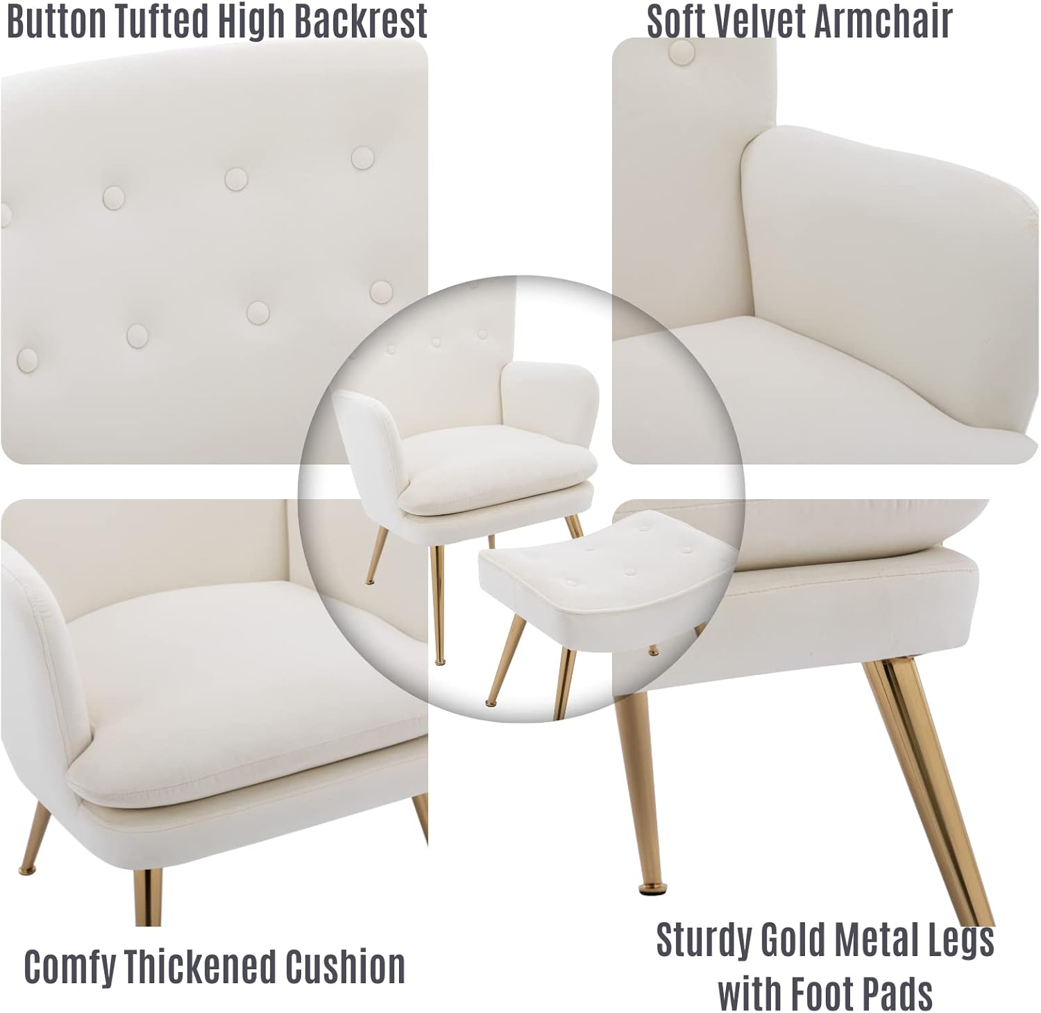 Buy Modern Velvet Accent Chair with Ottoman, Comfy Button Tufted
