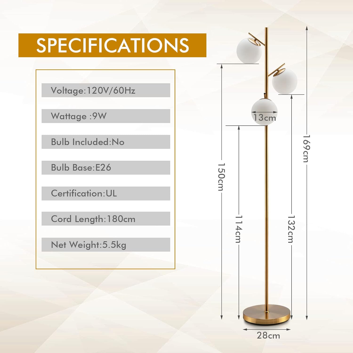 DORTALA Golden Floor Lamp, 169CM Tall Modern Freestanding 3-Globe Lamp with Convenient Foot Switch & 3 E26 Bulb Bases for Living Room Bedroom Study