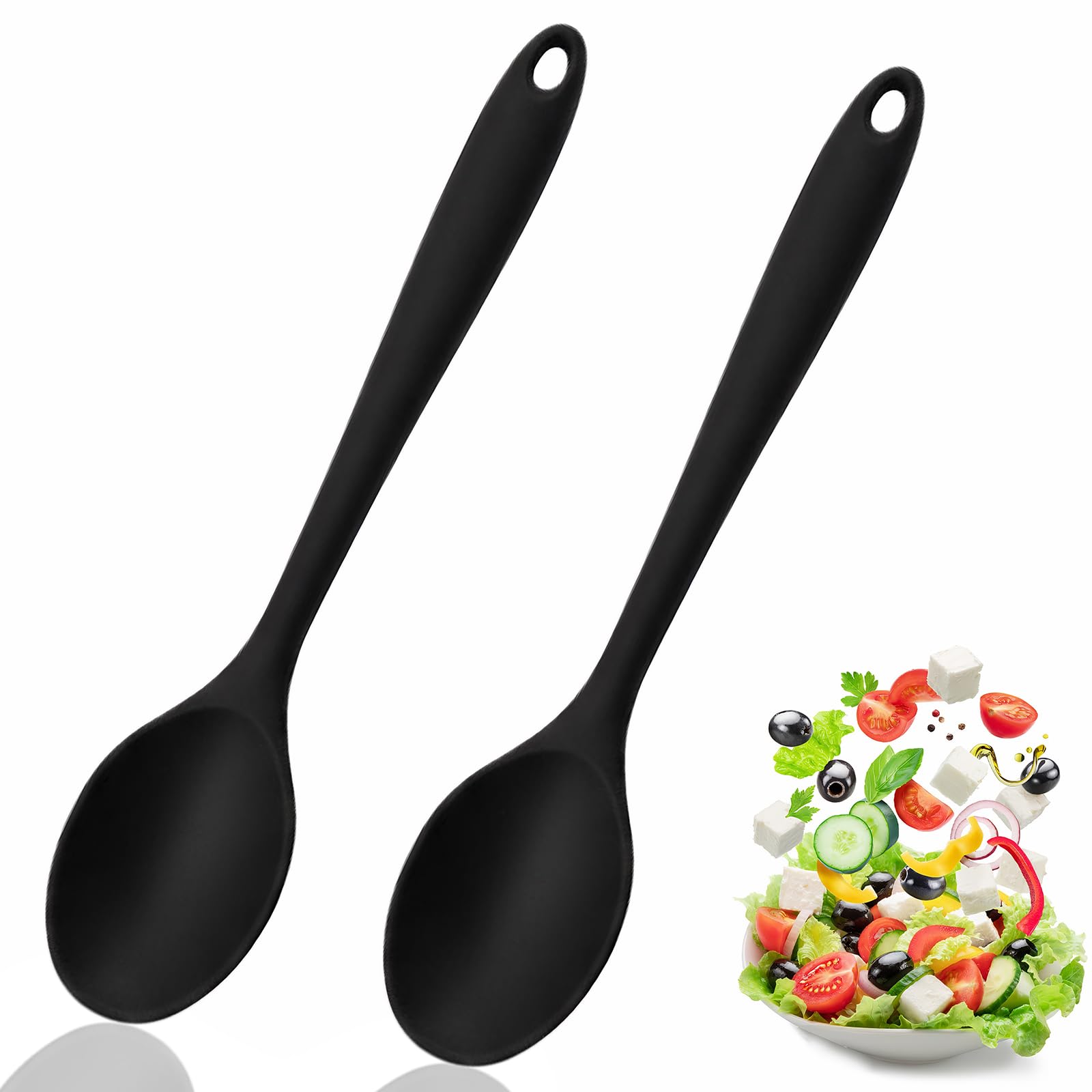 2 Pcs Silicone Spoons for Cooking, 27cm Heat Resistant Non-Stick Kitchen Spoon Set for Stirring, Mixing and Baking, Dishwasher Safe Serving Spoons (Black)