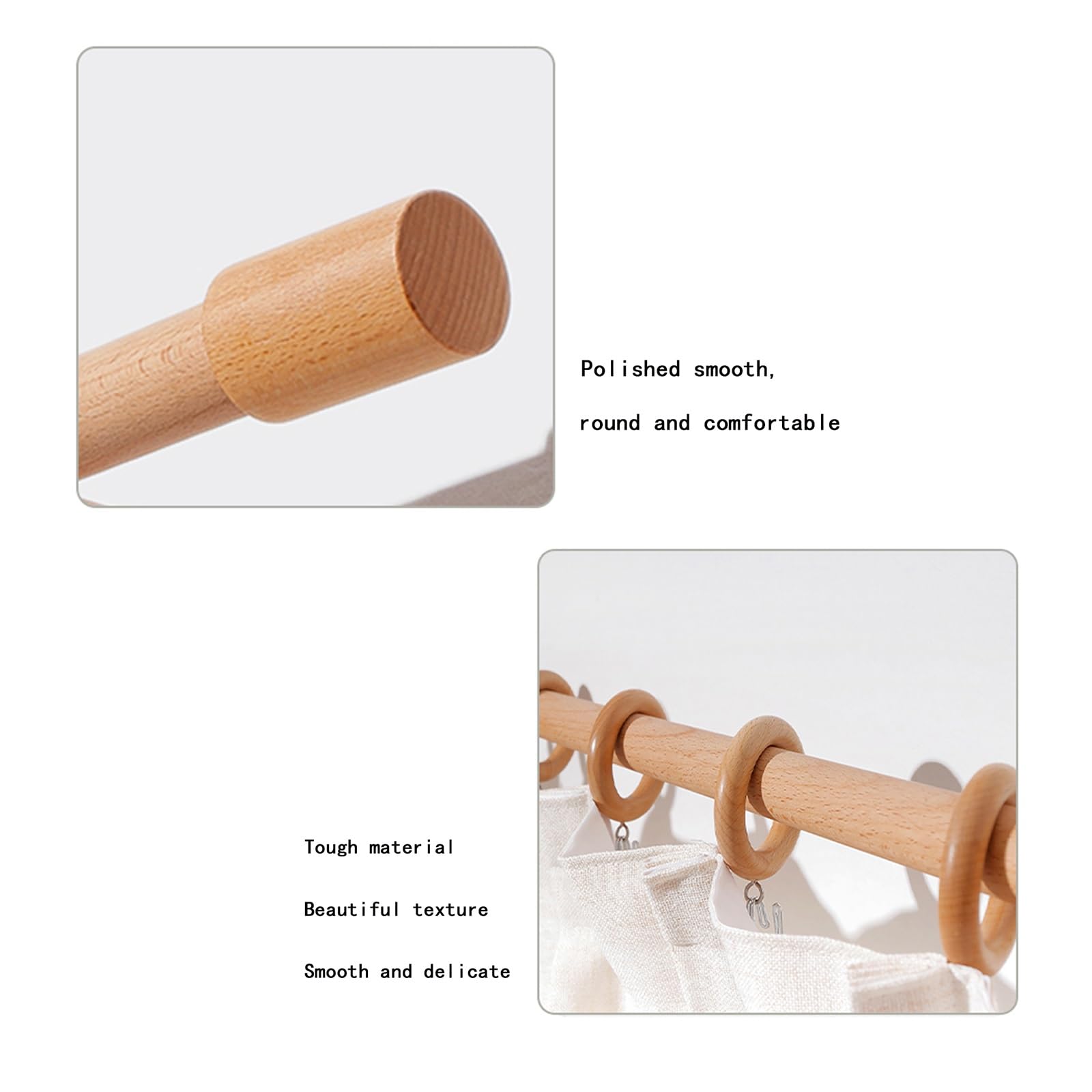 Kit de tringle à rideaux en bois massif de 200 cm, installation facile, finition grainée avec capuchons, tringle simple robuste pour décoration d'intérieur