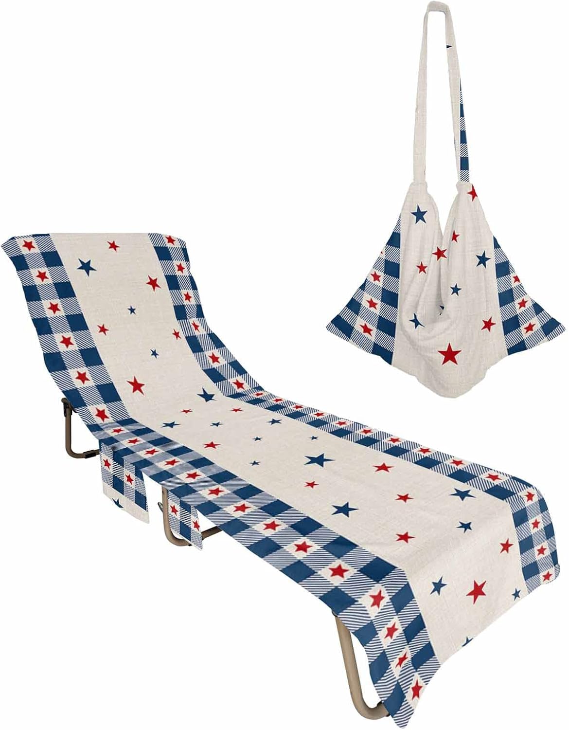 Blue Red Stars Beach Pool Patio Lounge Chaise Chair Cover Towel With Pockets,Absorbent & Quick Dry Microfiber Towel Cover Bag Summer Accessories for Sunbathing Independence Day Burlap Buffalo Plaid