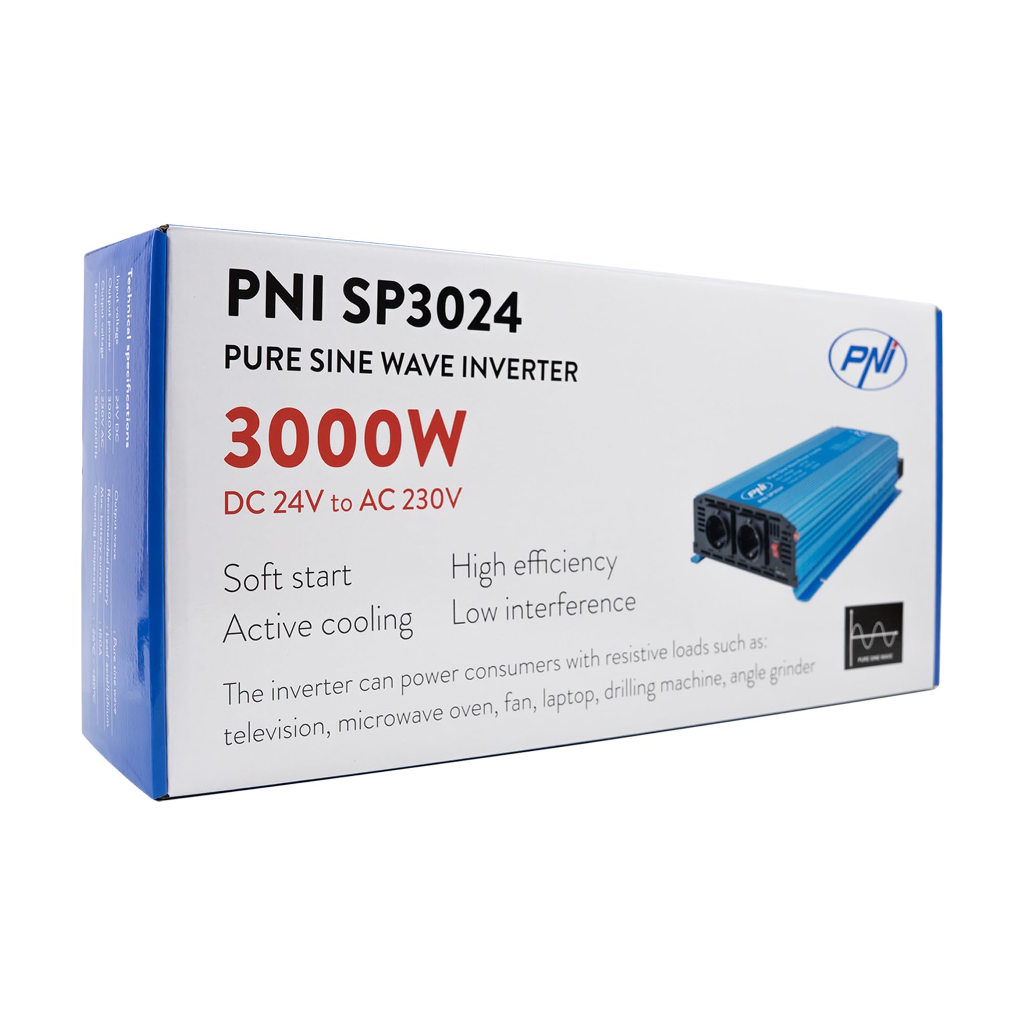 Inversor de tensión PNI SP3024 24V Fuente de alimentación 230V Salida 3000W Onda sinusoidal Pura