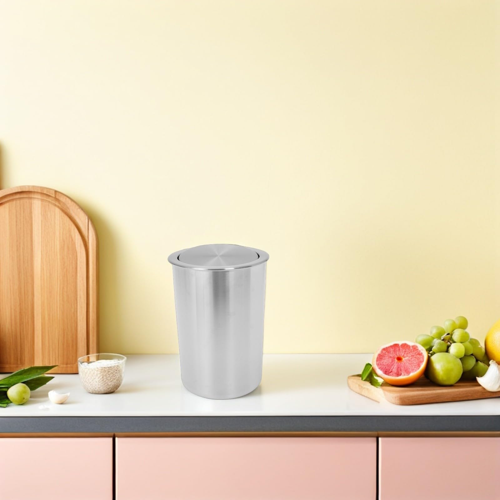 Cubo de Basura con Tapa Abatible Silenciosa Empotrado de Acero Inoxidable Diseño Redondo Moderno y Funcional para Cocina y Restaurante