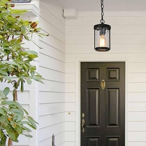 Miniatura 2 de Lámpara colgante negra para exteriores, luces colgantes de granja para porche exterior, luces ajustables para porche al aire libre, vidrio ondulado