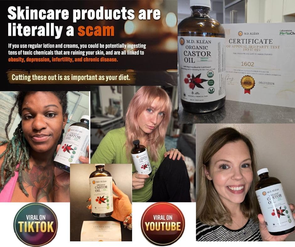 Generic M.D. KLEAN ORGANIC CASTOR OIL (500ml w/ 60ml Dropper) 100% Cold Pressed Unrefined Glass Bottles | Hexane Free | USDA Certified | Moisturizer and Conditionor For Skin,Hair & Lashes.