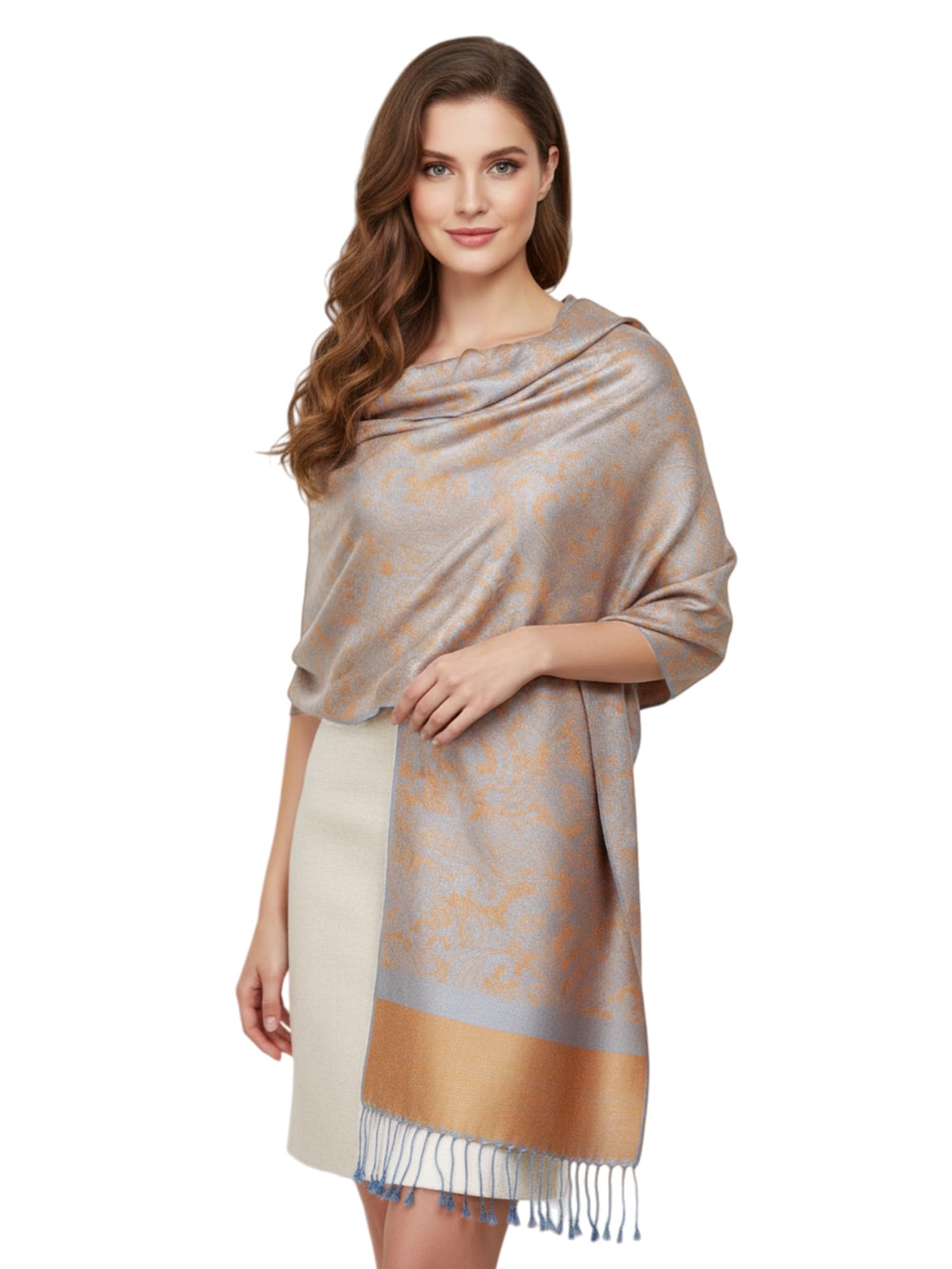 PASKMLNA Paisley Jacquard Pashmina Shawl Wrap Scarf Stole, Gold Blue, Large