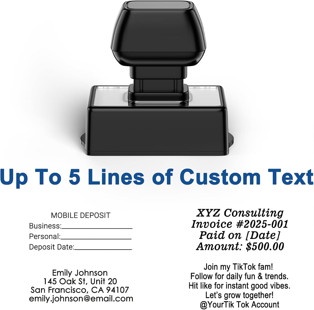 Custom Stamp Self-Inking - Up to 5 Lines of Personalized Text for Business, Official Documents, Christmas Card, Mail, Forms and Records, Clear & Consistent Impressions, Effortless Stamping