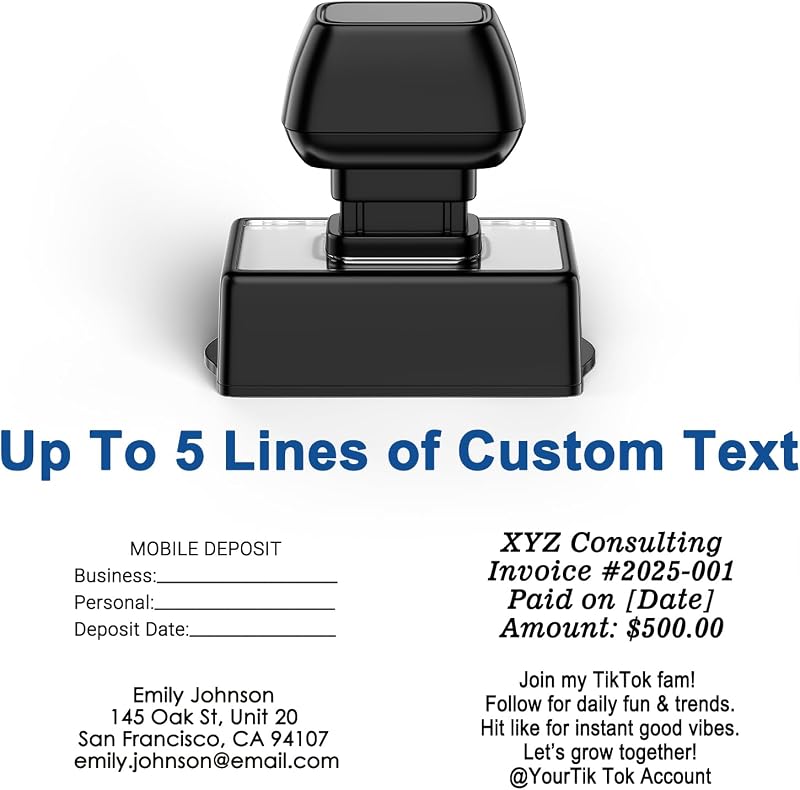 Custom Stamp Self-Inking - Up to 5 Lines of Personalized Text for Business, Official Documents, Christmas Card, Mail, Forms and Records, Clear & Consistent Impressions, Effortless Stamping