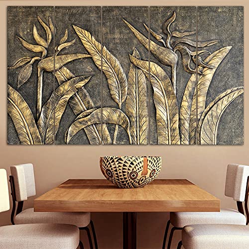 Image of Maxstone Goldan Leaves Leaf Natural Wall Painting Living Room,Bedroom,Office,Home Decor 5 Panal Wall Painting Big Size Wall Hanging Decorative Painting HD (30x60 inch) M1301