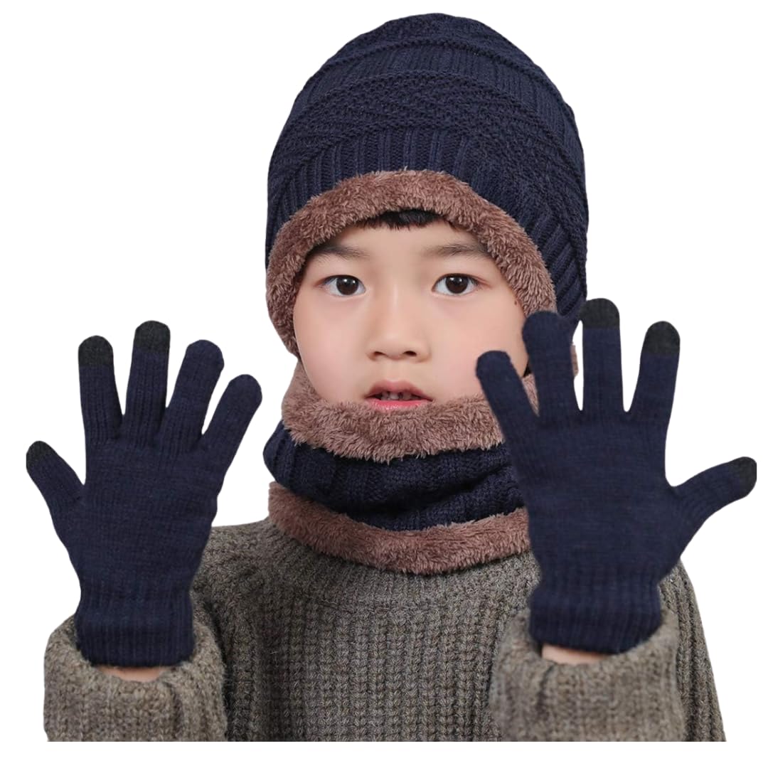 Lyonardo Winter Woolen Hats, cold weather cap Warm Scarf and Gloves Set for Kids Boys and Girls (For age 5-15 year)