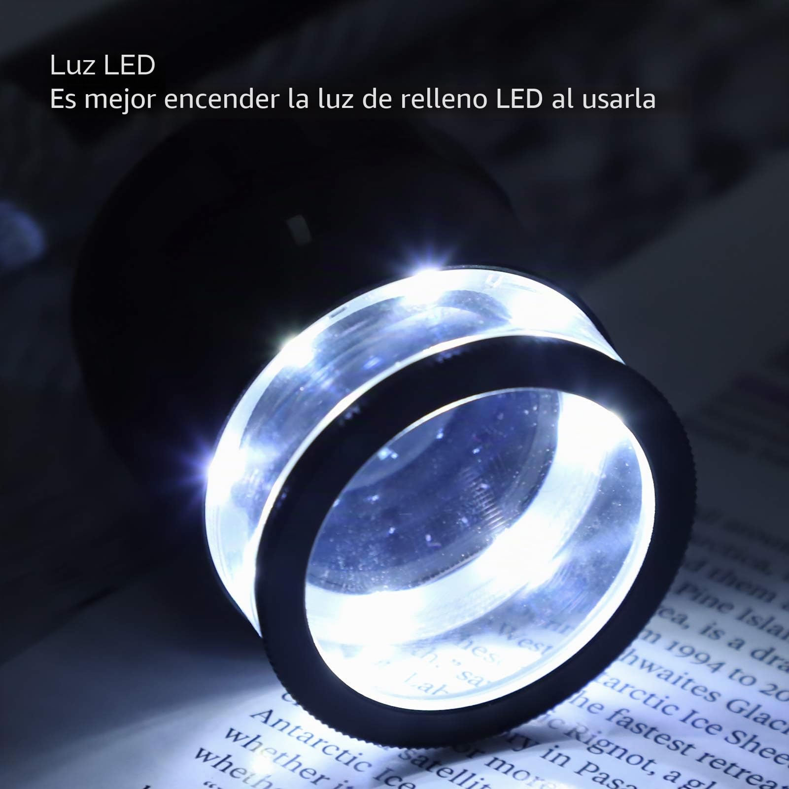 Lupa de joyero, Lupa Profesional de 10X con 8 Luces LED Ajustables y Escala integrada, Lente de Vidrio óptico, Base acrílica, alimentada por Pilas AG9 para inspección de joyería, Relojes y Textiles