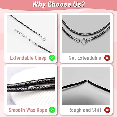 Miniatura 4 de Paxcoo 50 cordones de algodón encerado negro, cuerda de collar de 24 pulgadas con cierre, a granel para dijes, colgantes, pulseras, suministros de
