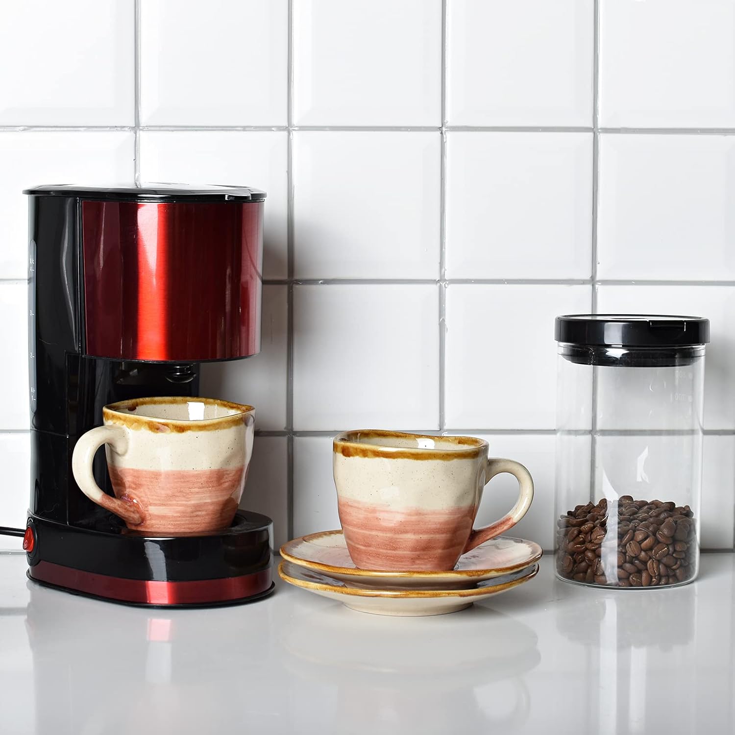 Bosmarlin Stoneware Coffee Cup Mug with Saucer Set of 2 for Latte, Cappuccino, Tea, Oz, Dishwasher and Microwave Safe (Salmon Pink, 2) - Image 6