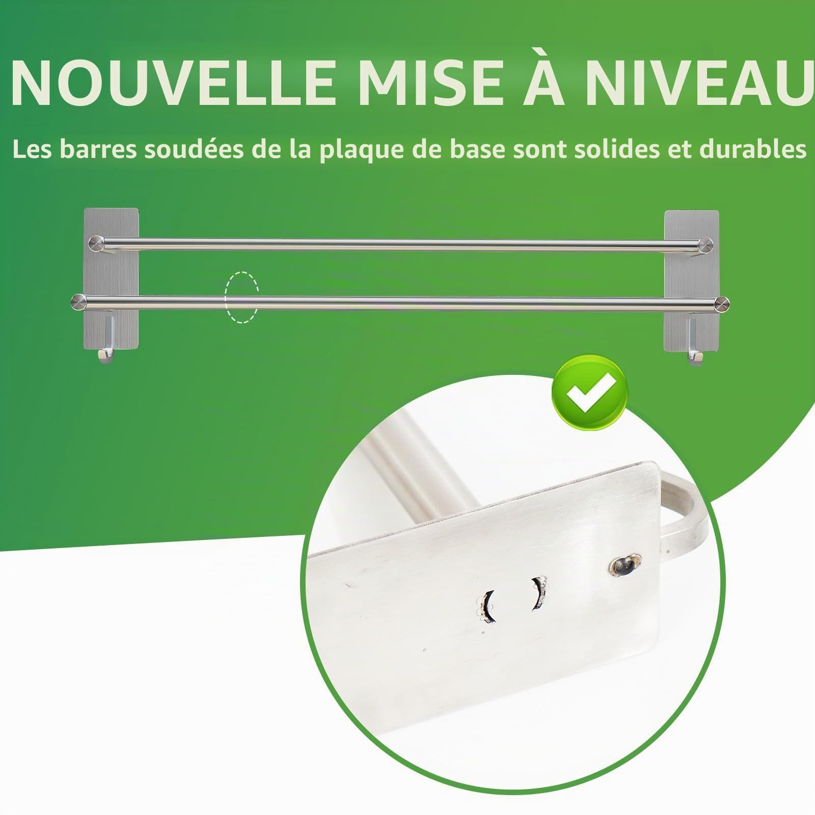 JS Porte Serviette Salle de Bain sans Percage Barre Porte-Serviettes en Acier Inoxydable brossé Autocollant Double avec 2 Crochets de Serviette Mural pour Salle de Bain Cuisine