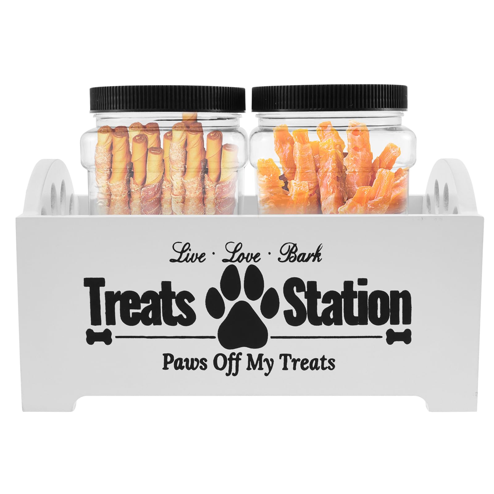 Foppla Dog Treat Container,Wooden Dog Biscuit Organiser with 2 Plastic Jars,Pet Treat Station for Dog and Cat,Storage Canister for Pet Owners and Lovers (White)