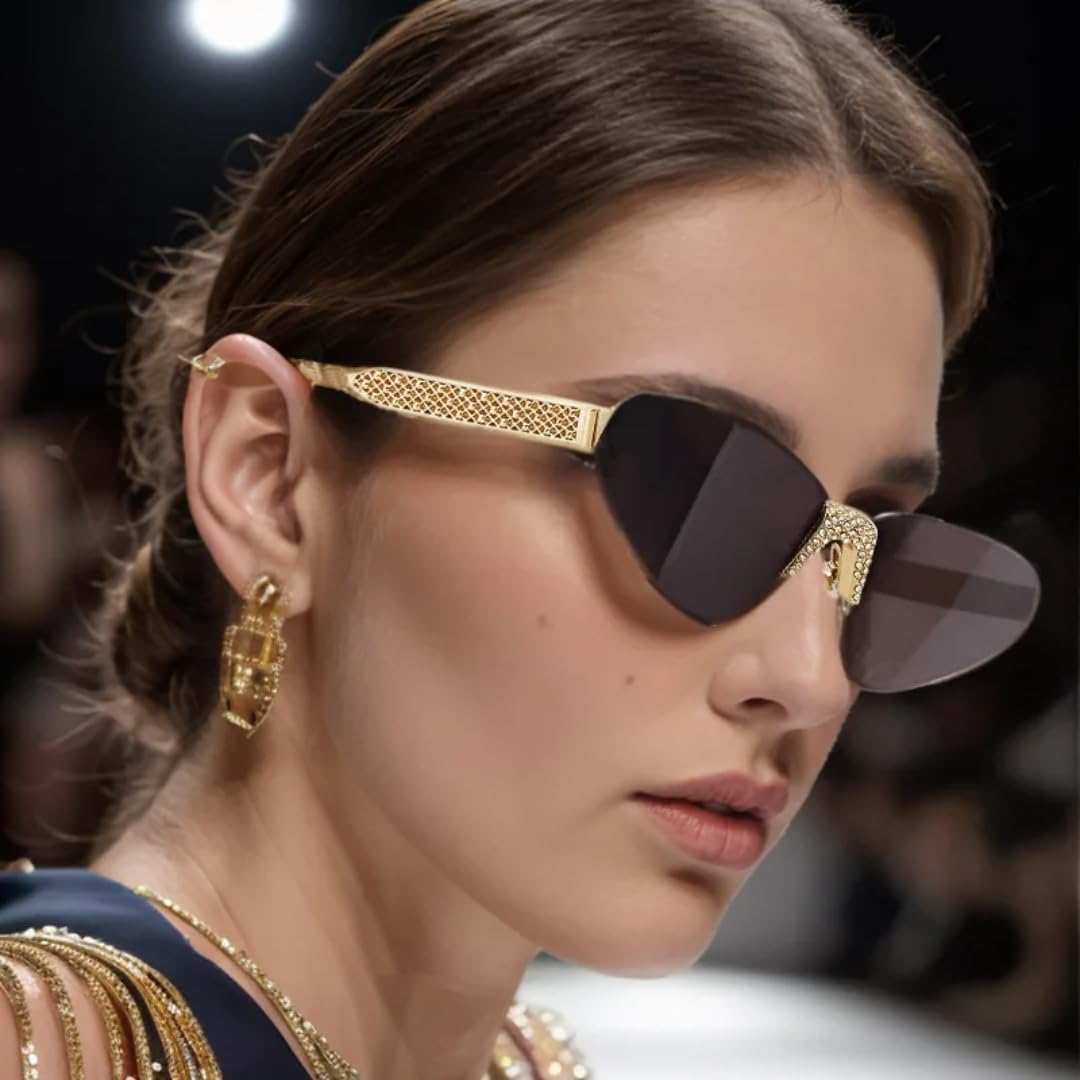 Occhiali da sole con protezione UV400 | Senza montatura, stile occhi di gatto, con rivetti punk e lenti colorate | per donna e uomo, per sport all'aria aperta e guida