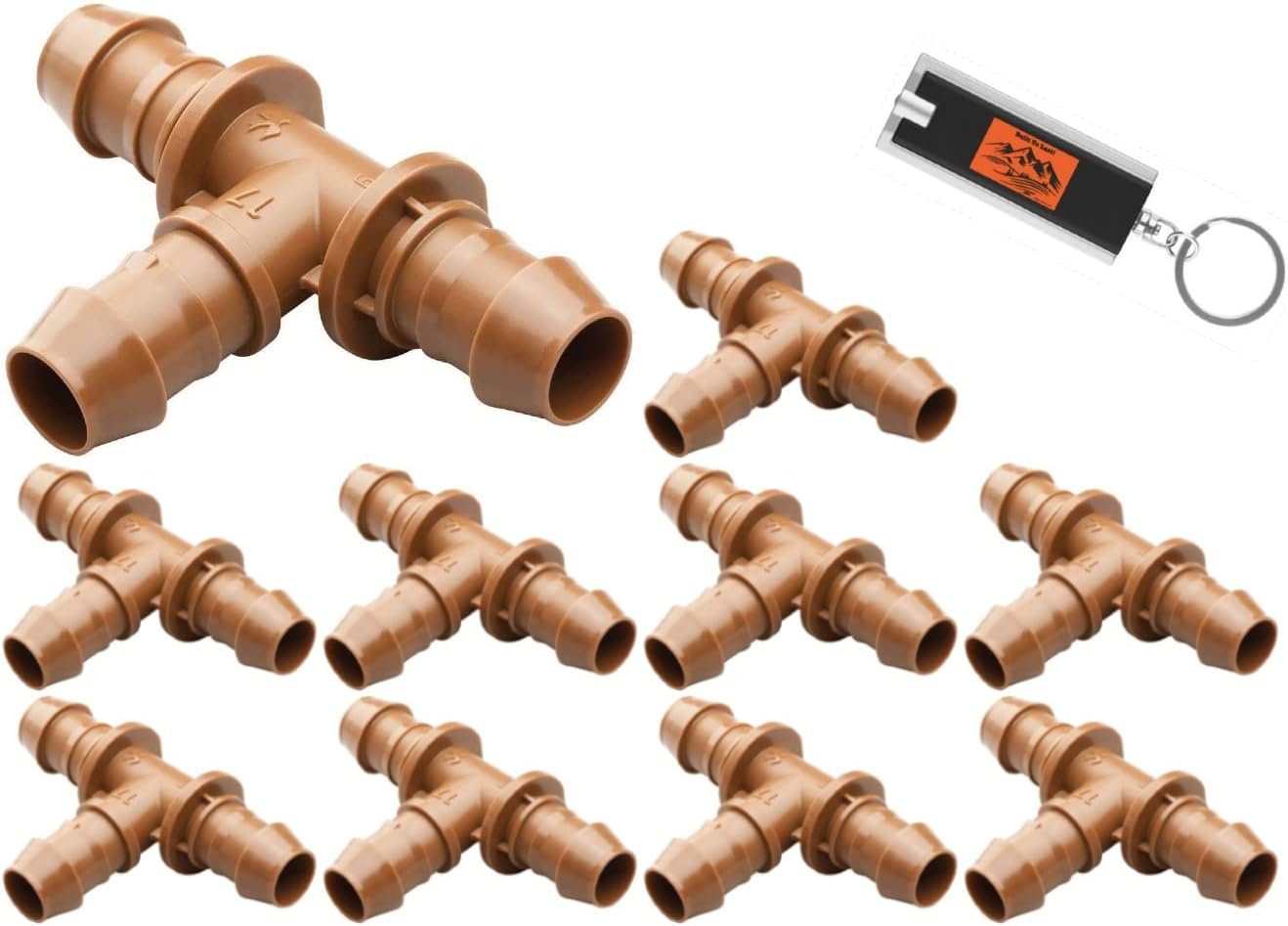 10 Pack Tee Drip Irrigation Fittings 1/2” Drip Line, Rain Bird XFF-TEE 17mm Drip Line Connectors, 1/2 Inch Drip Irrigation Tubing, Drip Irrigation Connectors, Drip Hose Connectors Includes LED Light