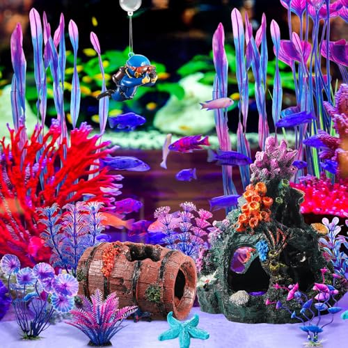 Image of Zeyune 15 Pcs Fish Tank Decorations Mountain Ornament Broken Barrel Sunken Ship Artificial Seaweed Water Plants Colorful Coral Reef for Fish Bowl Aquarium Decor(Purple)