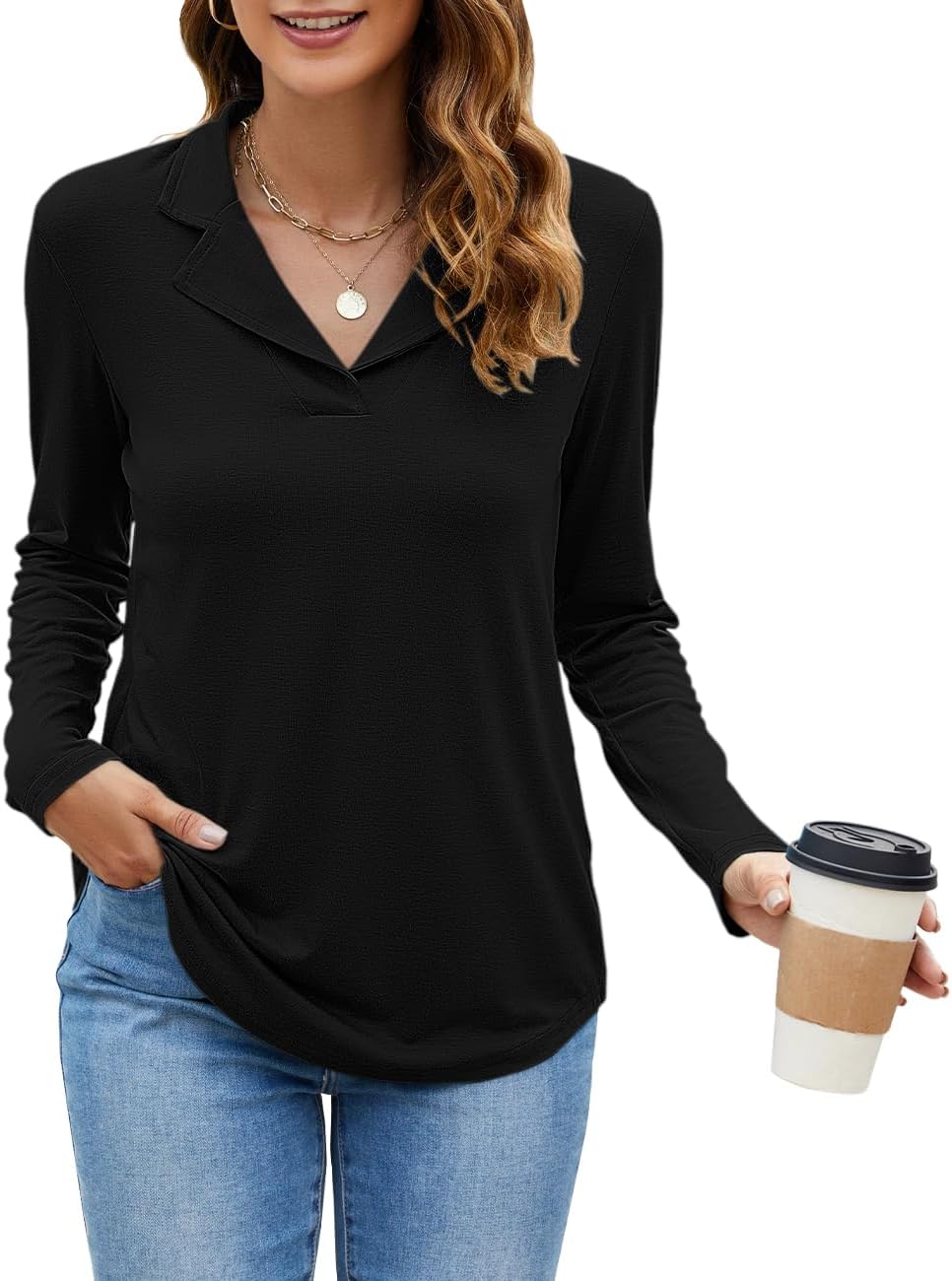 Uvog Womens Long Sleeve Collared Shirts V Neck Dressy Casual Business Work Office Tunic Tops
