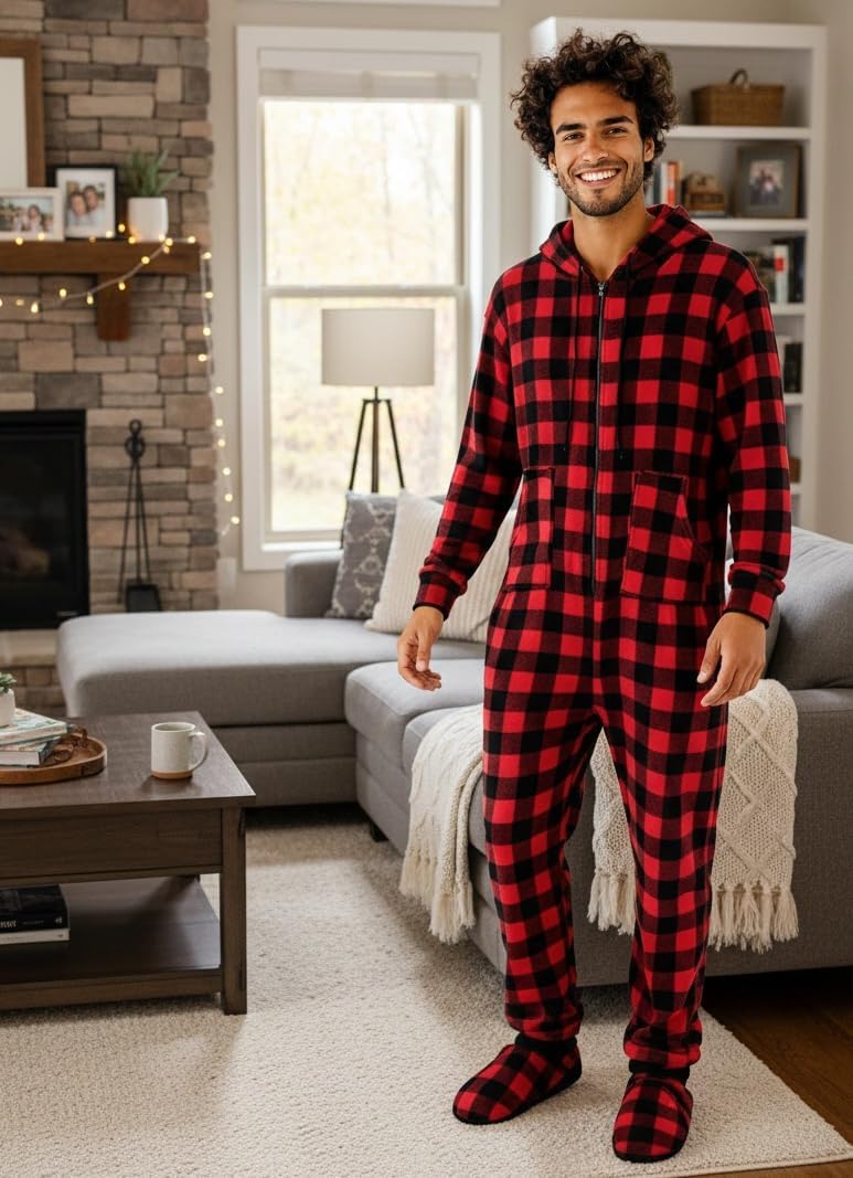 Alexander Del Rossa Adult Onesies for Men, Mens Onesie Pajamas Adults, Fleece Onesie for Men, Hooded Footed Mens Onsie