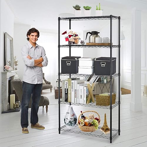 Miniatura 1 de Estantería de alambre de metal NSF resistente de 5 niveles de altura ajustable de acero utilitario con patas de nivelación de 36 pulgadas de largo x