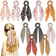 Chuangdi 10 Pcs Hair Scrunchies Hair Scarf with Ribbon Bunny Ears Chiffon Floral Bow Ponytail Holder Boho Elastic Floral Ropes 2 in 1 Vintage Accessories for Women Ditsy Print