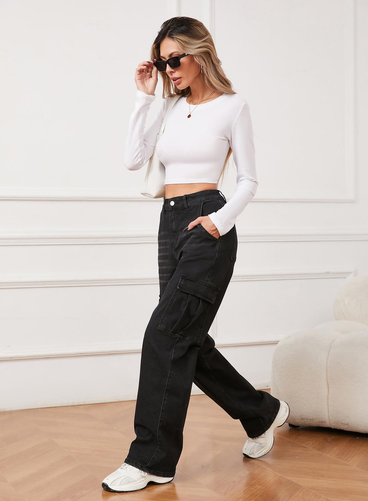 LONGYIDA Jeans Larghi da Donna Elasticizzati a Vita Alta Dritti a Gamba Larga Jeans Cargo Y2K Boyfriend Denim Pantaloni Cargo Pantaloni, Grigio e Nero., S