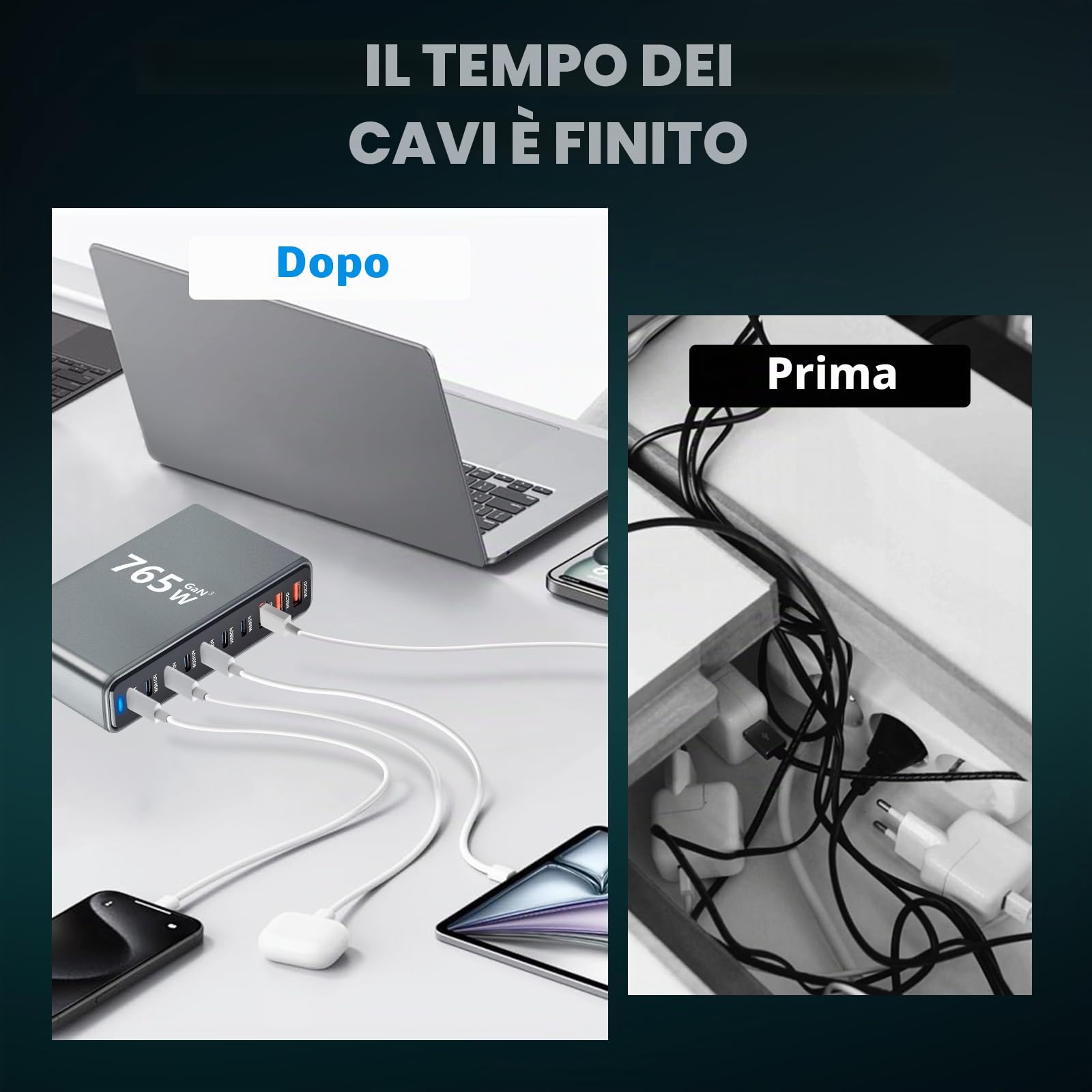 765W Caricatore USB Multiplo - 10 Porte (7 USB-C + 3 USB-A) con Ricarica Rapida, Stazione di Ricarica Compatta per Multi Dispositivi, Compatibile con MacBook, iPad, iPhone 16/15/14, Galaxy S22/S20